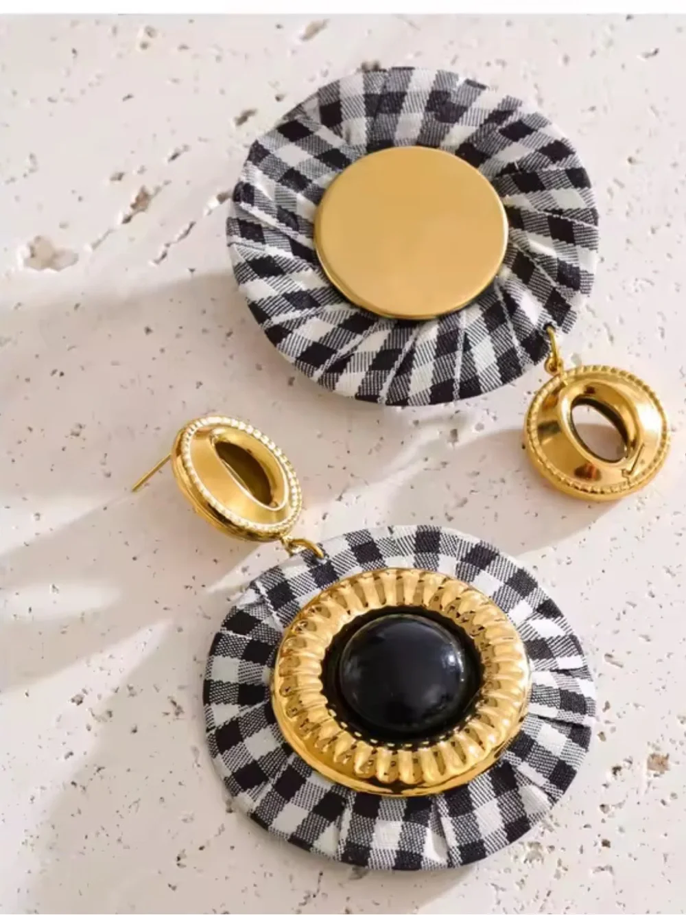 Parisian Chic Gingham Black Gold Earrings
